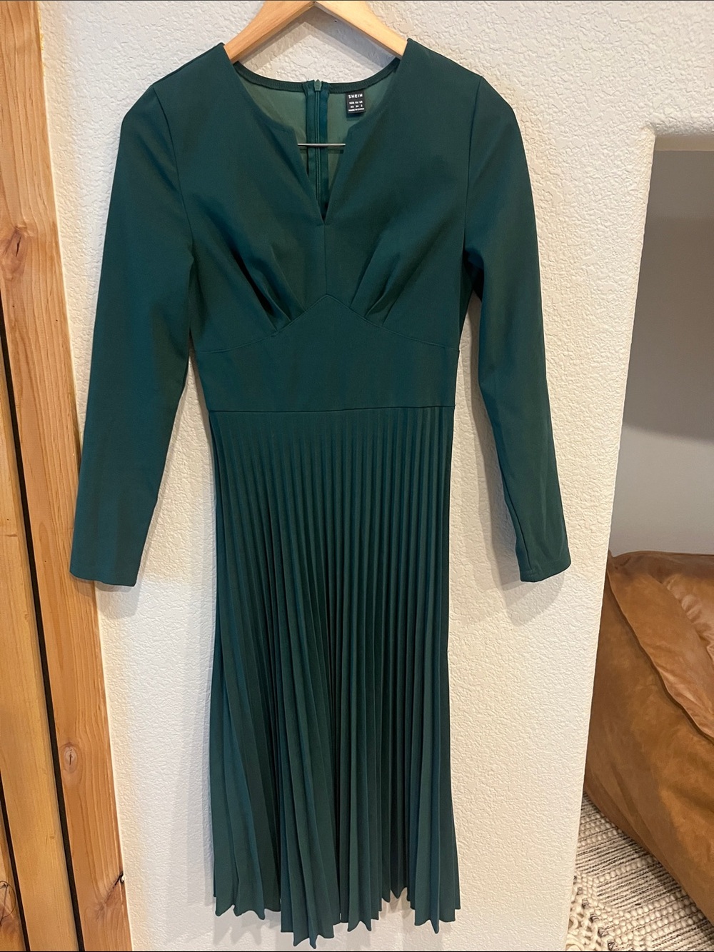SHEIN Dark Green Pleated Long Sleeve Midi Dress